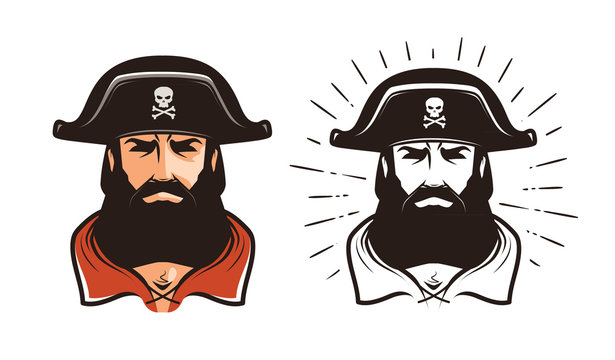 Angry pirate. Portrait of bearded filibuster in hat. Cartoon vector illustration