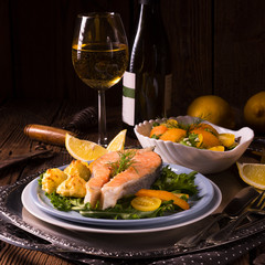 salmon with butter fried potato puree and salad