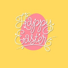 Happy Easter illustration. Lettering and pink egg on a yellow background.