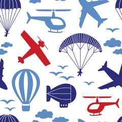 Vector seamless pattern with airplanes, helicopter, parachute, balloon, airship in the clouds