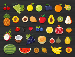 Set of different kinds of fruit icons. Vegetarian food icons. Collection of flat design icons presenting different kinds of fruits. Vector illustration of colorful and cute food icons.
