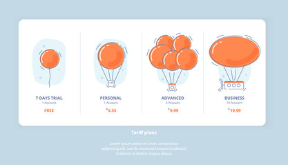 Pricing subscription plan table template for web and application, light style with air balloons. UI UX interface design elements. Price list options for service