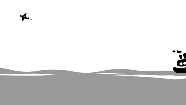 Cartoon animation of sailing ship  and flying plane 