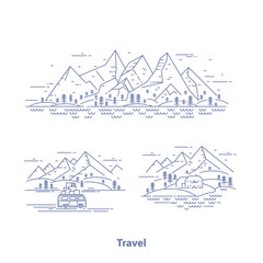 Travel concept set. Flat linear illustration with wild landscapes, house, trees, mountains, minivan and river. Nature exploration collection