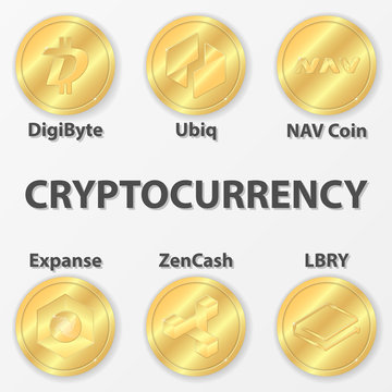 Set of 6 cryptocurrency icon. Golden zencash, digibyte and etc