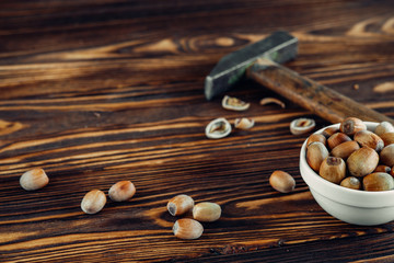tasty fried hazelnut on wood sighting apetite very useful for winter