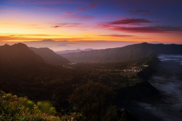 Mount Bromo volcano (Gunung Bromo) during sunrise from viewpoint on Mount Penanjakan. Mount Bromo located in Bromo Tengger Semeru National Park, East Java, Indonesia.