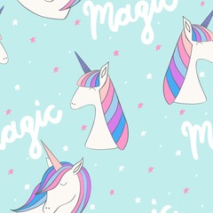 Magic cute unicorn with stars. Vector seamless pattern