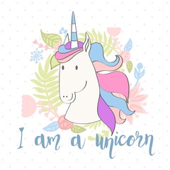 Magic cute unicorn with flowers. Vector greeting card.