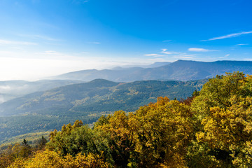 Landscape of beautiful black forest, Germany. Silhouette of hills close to Alsace, France.