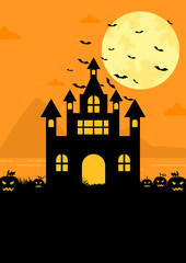 Fototapeta na wymiar Halloween witch castle scene with bats and pumpkins
