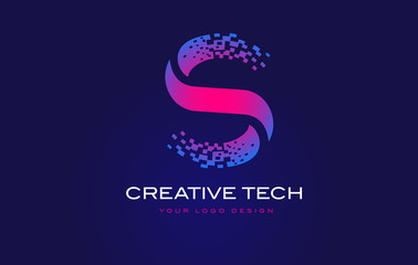 S Initial Letter Logo Design with Digital Pixels in Blue Purple Colors. - obrazy, fototapety, plakaty