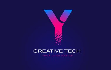 Y Initial Letter Logo Design with Digital Pixels in Blue Purple Colors.