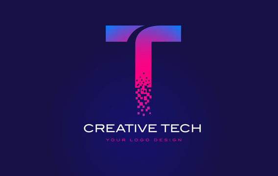 T Initial Letter Logo Design With Digital Pixels In Blue Purple Colors.
