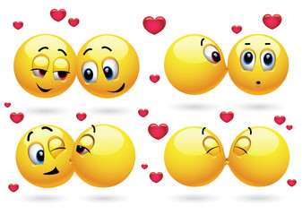 Cute smiley emoji feeling in love. Smiley kissing another smiley.