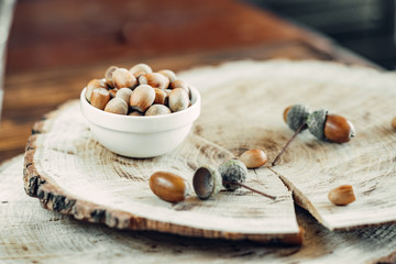 tasty fried hazelnut on wood sighting apetite very useful for winter