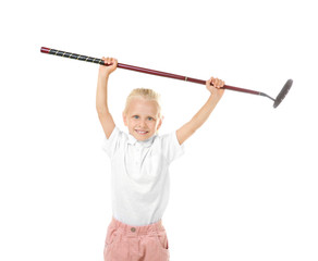 Little girl with golf driver isolated on white