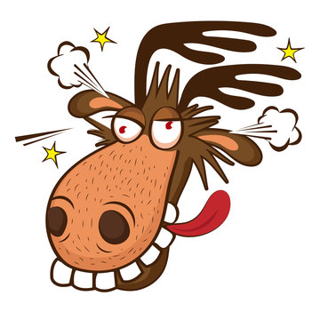 Moose On The Loose. Moose Face Picture. Cartoon Smile Deer Vector. Image On White Background.