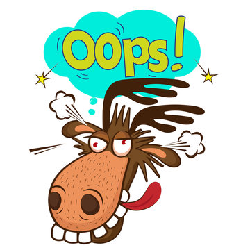 Moose Face Picture. Cartoon Smile Deer Vector. Image On White Background. Moose On The Loose. Oops Speech Bubble.