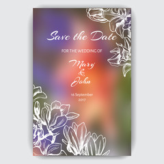 Vector illustration sketch - card with flowers magnolia. Wedding invitation. Summer flowers. Modern floristics.