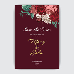 Vector illustration sketch - card with flowers chrysanthemum, peony. Wedding invitation with flower. Dahlias, Ruscus, Viburnum.