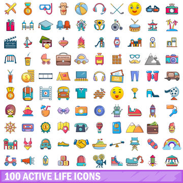 100 active life icons set, cartoon style 
