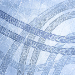 Traces of car tires on ice. Texture of ice surface. Track with separate grunge texture, tire marks, tire tread, tread marks. Sport. Ice racing on machines. Controlled drift. Vector background.