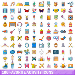 100 favorite activity icons set, cartoon style 