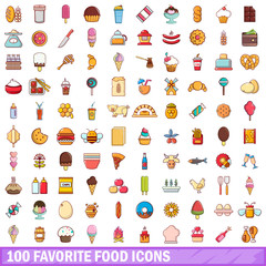 100 favorite food icons set, cartoon style 