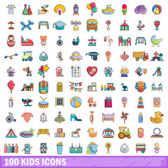 100 kids icons set, cartoon style 