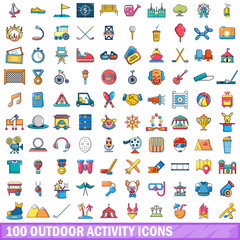 100 outdoor activity icons set, cartoon style 