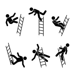 Man falling off a ladder stick figure pictogram. Different positions of flying person icon set symbol posture on white © Cherstva