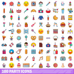 100 party icons set, cartoon style 