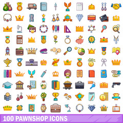 100 pawnshop icons set, cartoon style 