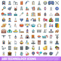 100 technology icons set, cartoon style 