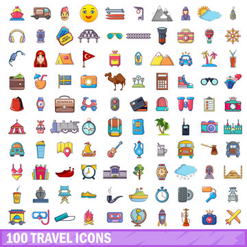100 travel icons set, cartoon style 
