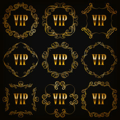 Set of gold linear vip monograms for graphic design on black background. Elegant graceful frame, filigree border in vintage style for wedding invitations, card, logo, icon. Vector illustration EPS 10.