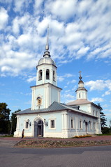 Fototapeta na wymiar Alexander Nevsky Church in Vologda, Russia. Alexander Nevsky Church was built in the XVIII century. It is a brick-domed church in baroque style with a bell tower. Located in the center of Vologda