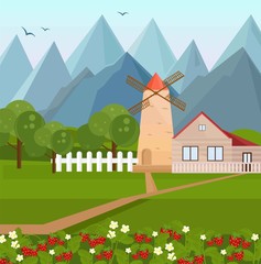 Farm house in the mountains with strawberries growing. Natural environment Vector