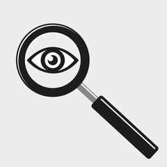 Magnifying glass and eye icon black and white flat design vector illustration.
