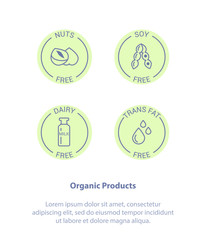 Logo Set Badge Ingredient Warning Label Icons. Allergens Nuts, Dairy, Trans fats, Soy. Vegetarian and organic symbols. Food Intolerance. Isolated vector illustration