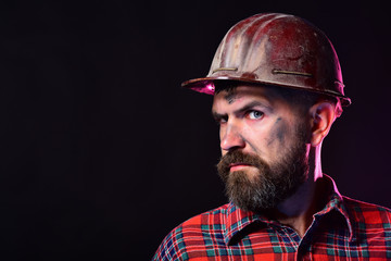 Man with distrustful face on black background, copy space