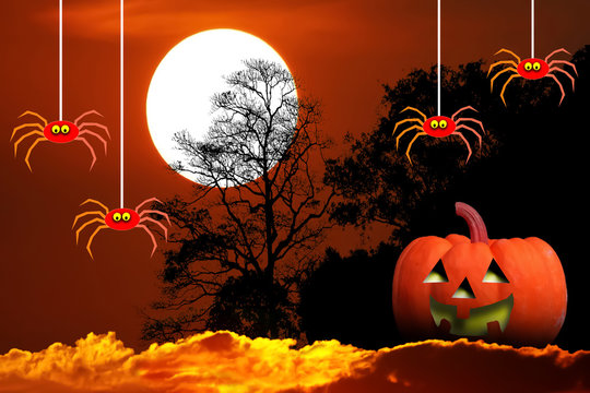Beautiful Halloween illustration background with silhouette tree and sunset sky atmosphere.