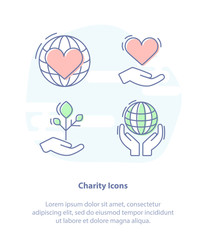 Care, Sympathy, Fundraising, Crowdfunding, Charity or Donation. Symbols: Planet, Sprout, heart in hand. 