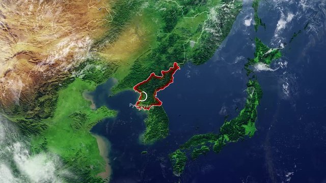 Cartina Corea del Nord e confine, cartina fisica Asia, est-asiatico, cartina con rilievi e montagne e Oceano Pacifico