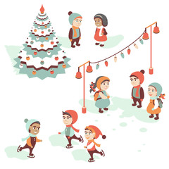Naklejka premium Girls and Boys at Christmas and New Year Holidays.
