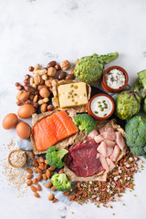 Fototapeta na wymiar Assortment of healthy protein source and body building food
