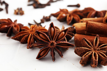 cinnamon, staranise and cloves. winter spices on white background