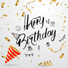 Happy Birthday greeting card version illustration, design Golden confetti and gold balloons.