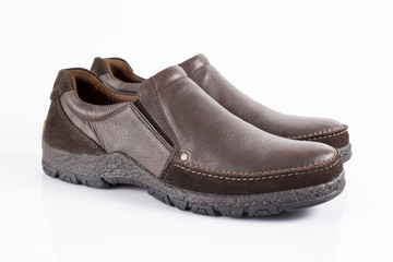 Male Brown Leather Shoe on White Background, Isolated Product.